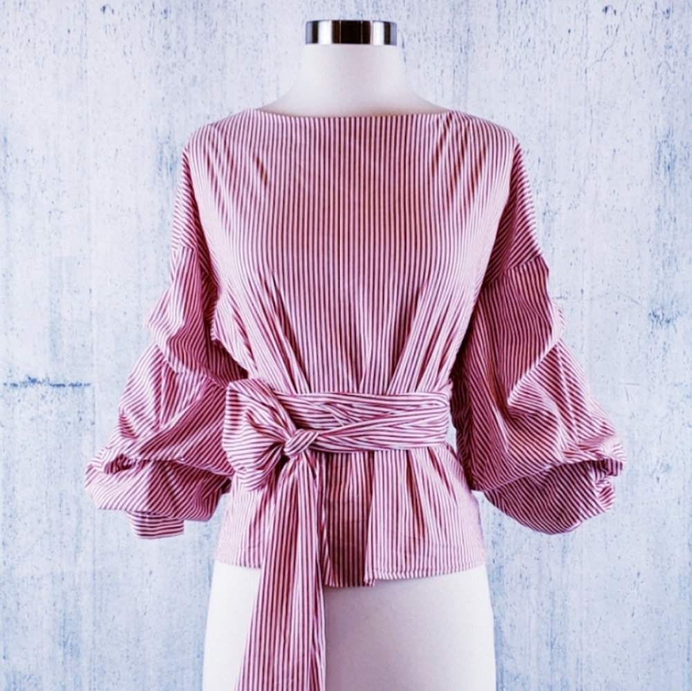 Zara red/white stripe balloon sleeve wrap top sz M